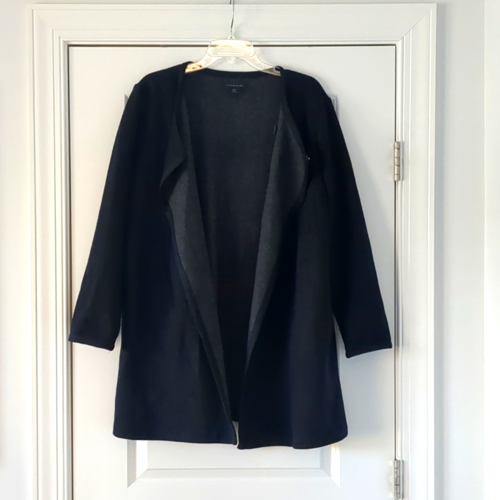 Tahari - Womens Blue Wool Blend Long Line Long Sleeve Wrap Sweater Coat